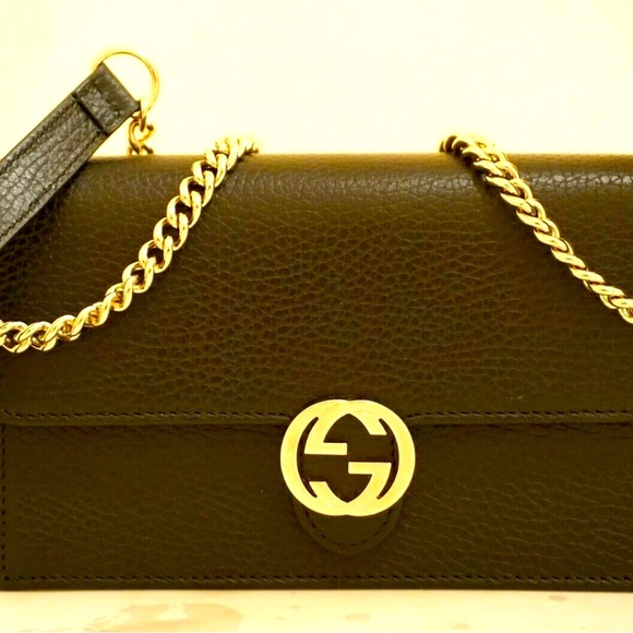 Gucci Interlocking Chain Wallet Black Leather Cross Body Bag - Picture 1 of 16